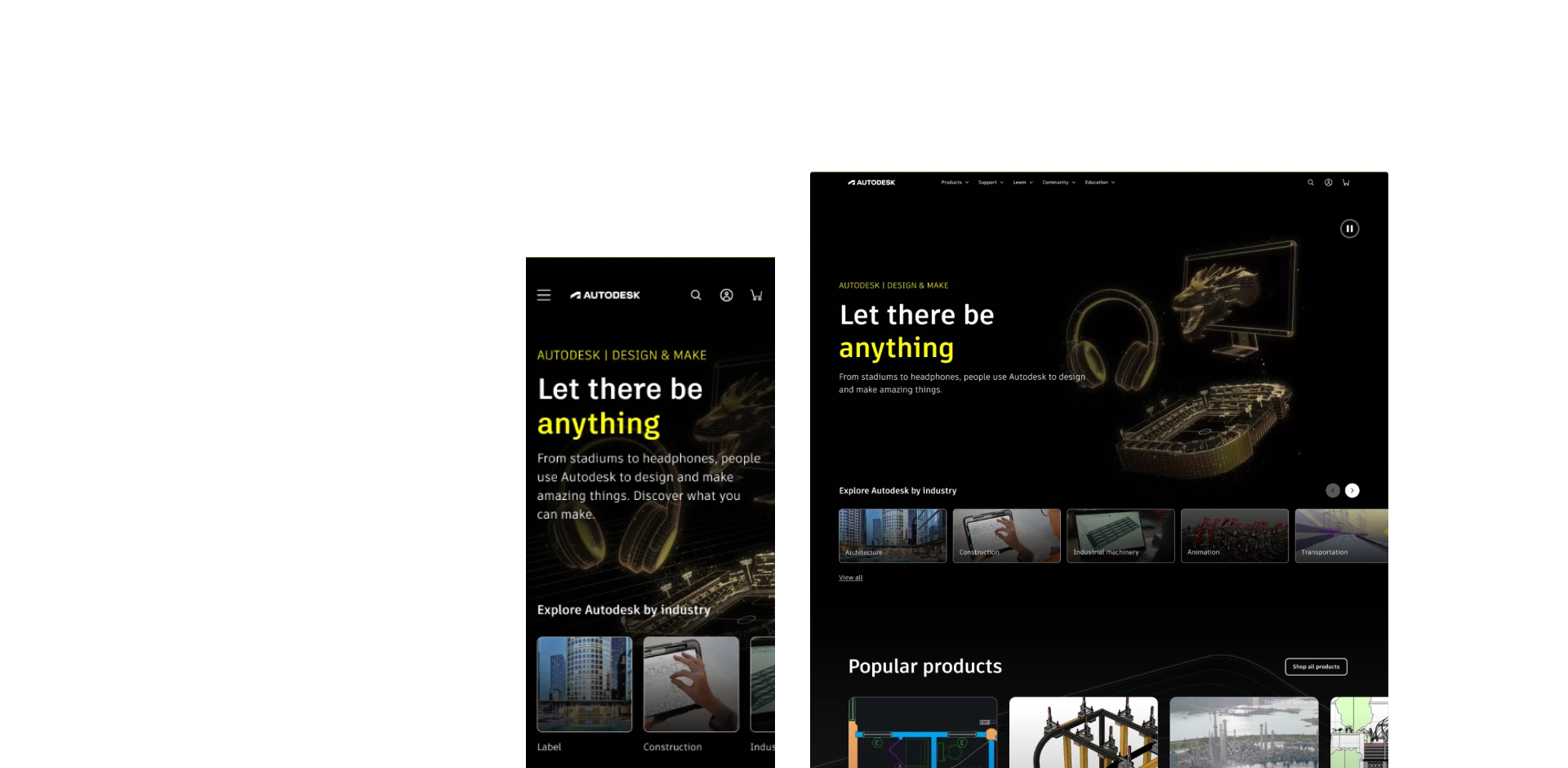 Screenshots of the refreshed Autodesk.com website on desktop and mobile