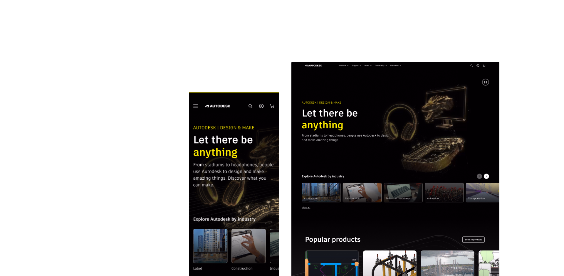 Screenshots of the refreshed Autodesk.com website on desktop and mobile