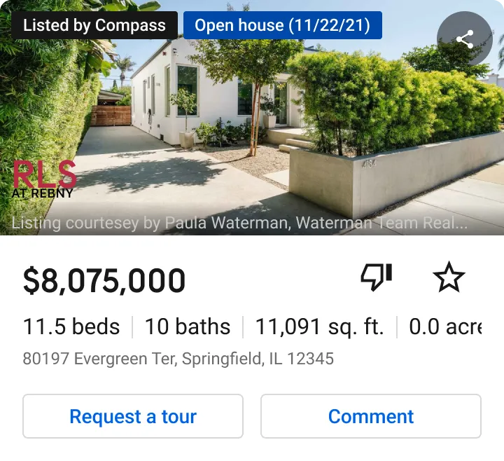 Real estate listing card for Android. It shows an image gallery of the listing, status badges, price, dislike and star buttons, stats, buttons for request a tour and comment.