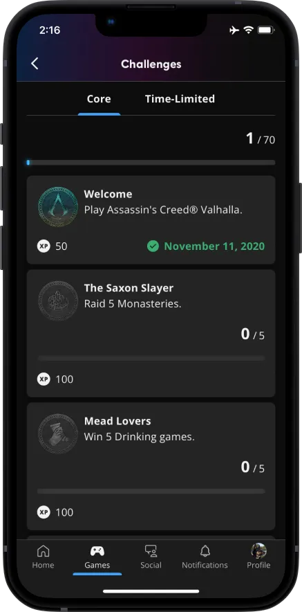 App screenshot of a list of Core Challenges for Assassin's Creed Valhalla.