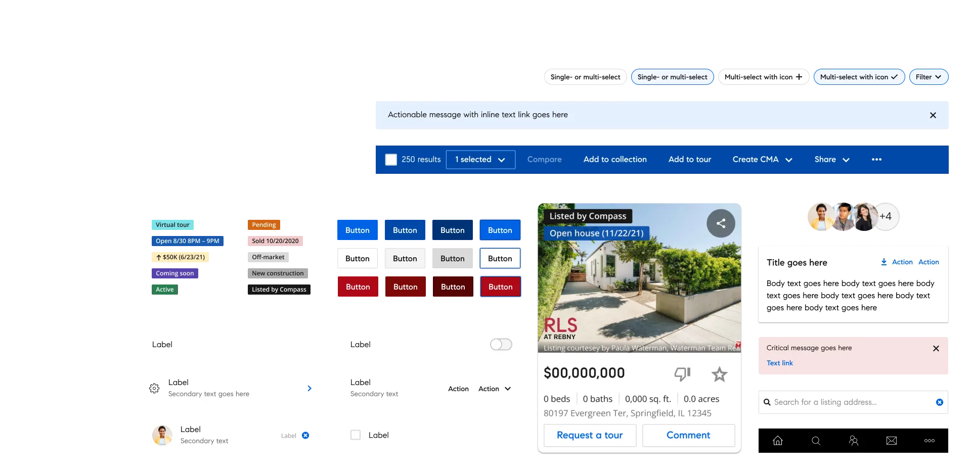 Composition of Compass Design System components: real estate listing card, badge, row, alert banner, avatar, search