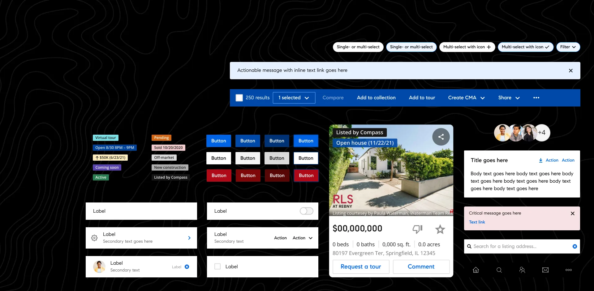 Composition of Compass Design System components: real estate listing card, badge, row, alert banner, avatar, search
