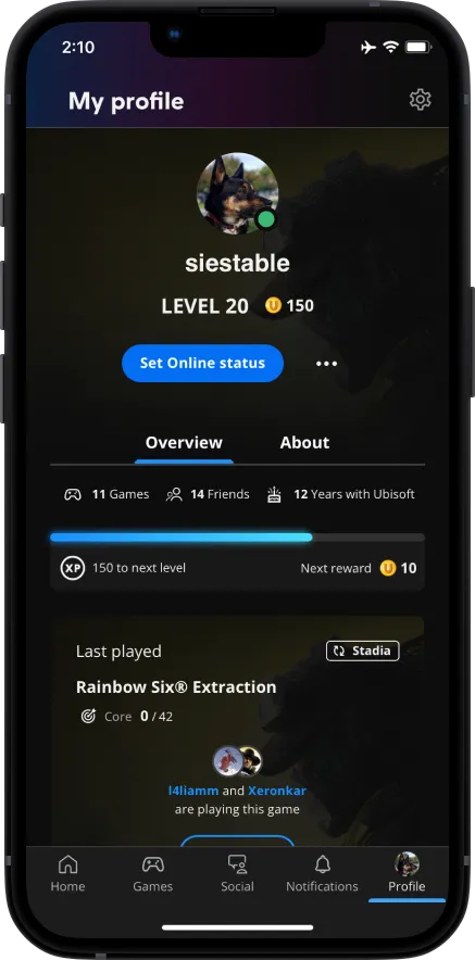 App screenshot of Ubisoft Connect showcasing the user siestable. The profile photo is a pointy-eared dog. An Overview tab is highlighted. Stats show 11 games played, 14 friends, and 12 years with Ubisoft. Wowee!