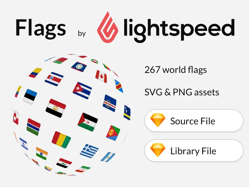 Flags by Lightspeed. A sphere comprised of world flags. Text reads: 267 world flags, svg & png assets, Sketch source file, Sketch library file.