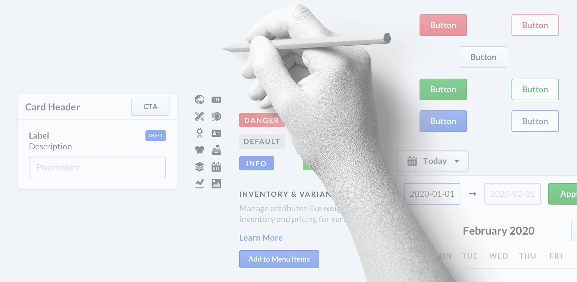 A hand holding a pencil is drawing a composition of components from the Lightspeed Flame Design System: card, icons, badge, button, date range picker.