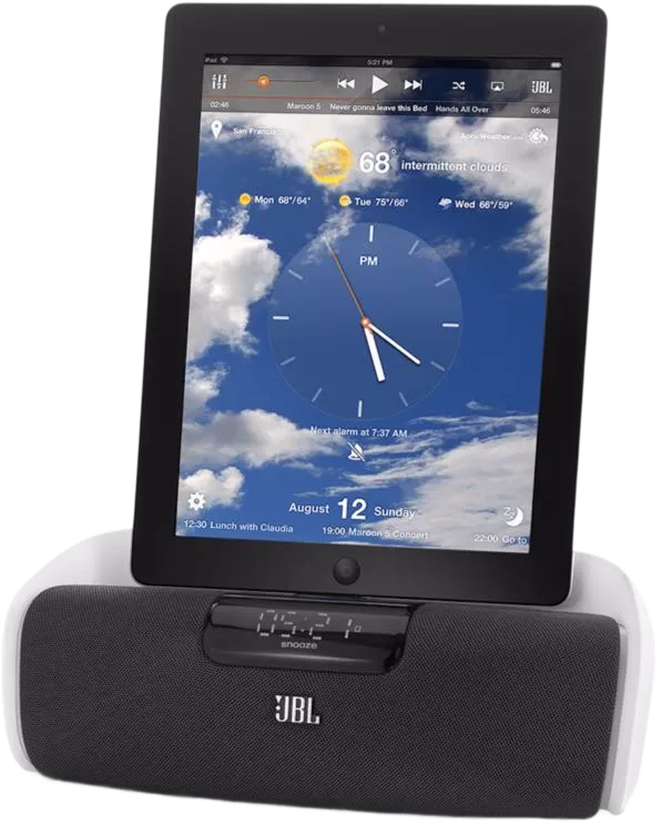 iPad showing the AmpUp! app, docked on a JBL loudspeaker dock