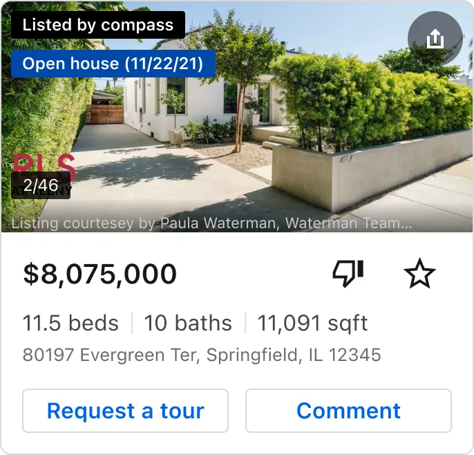 Real estate listing card for iOS. It shows an image gallery of the listing, status badges, price, dislike and star buttons, stats, buttons for request a tour and comment.