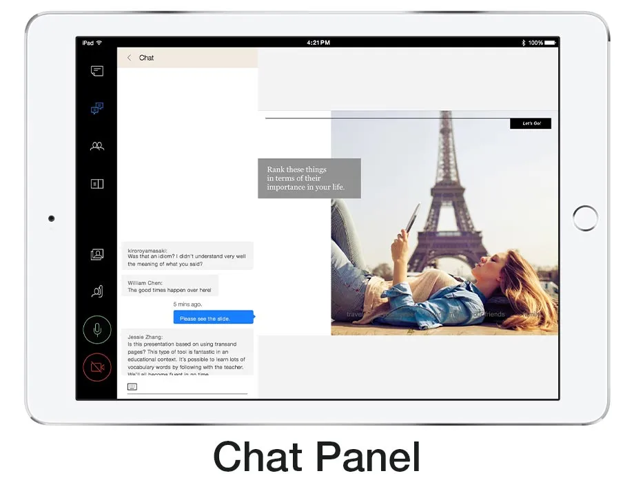 Chat allows text communication between students and the teacher