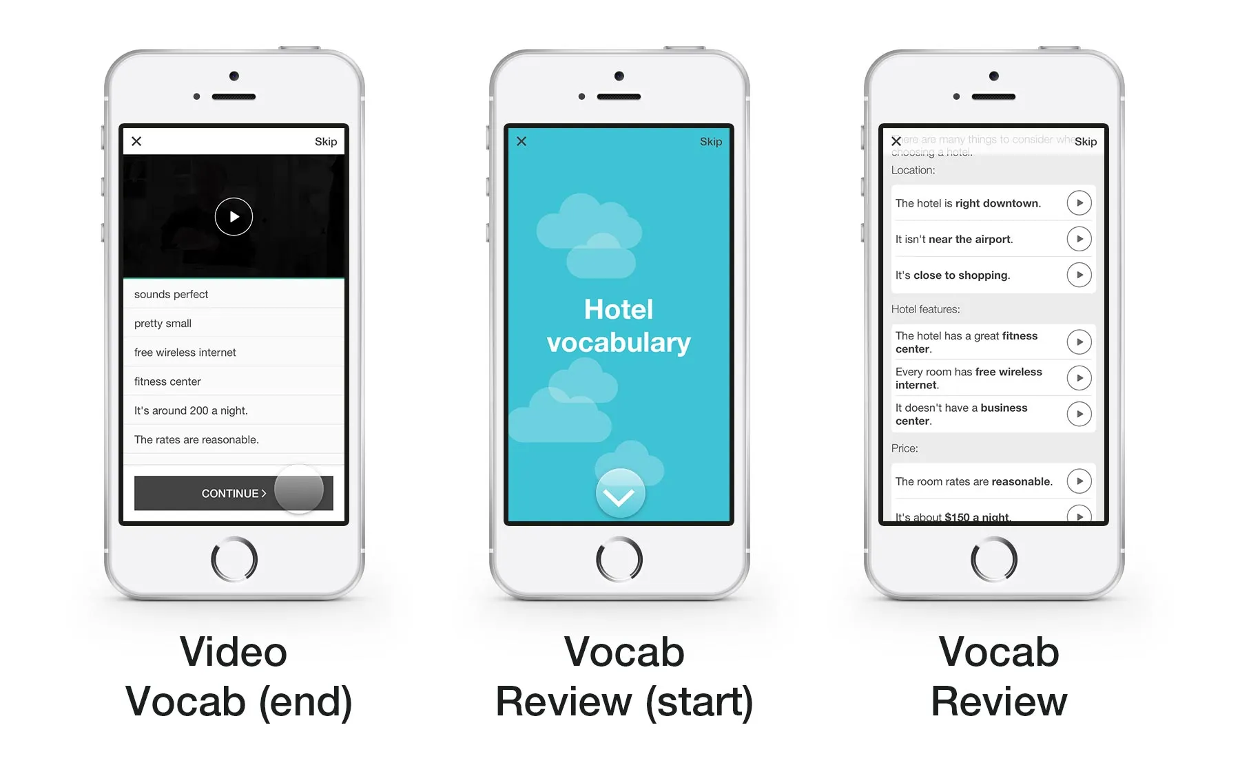 app screens for Video Vocabulary, Vocuabulary review