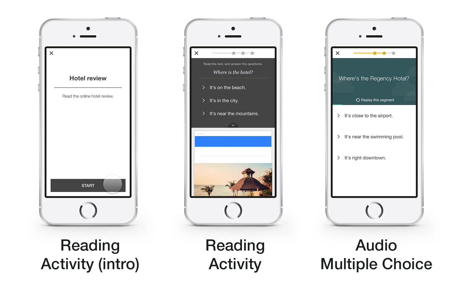 app screens for Reading activity, Audio multiple choice