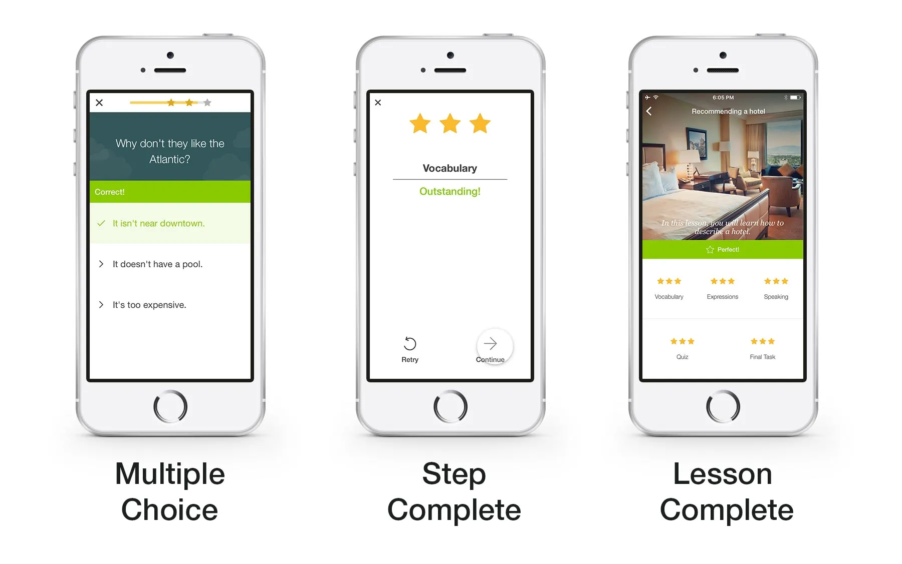 app screens for Multiple choice, Step complete, Lesson complete