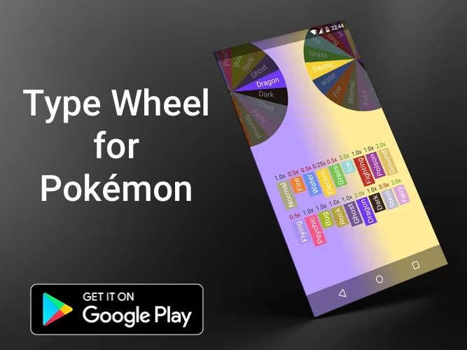 Type Wheel for Pokémon. An app screenshot with 2 wheels for selecting Pokémon Types. A badge reads Get it on Google play.