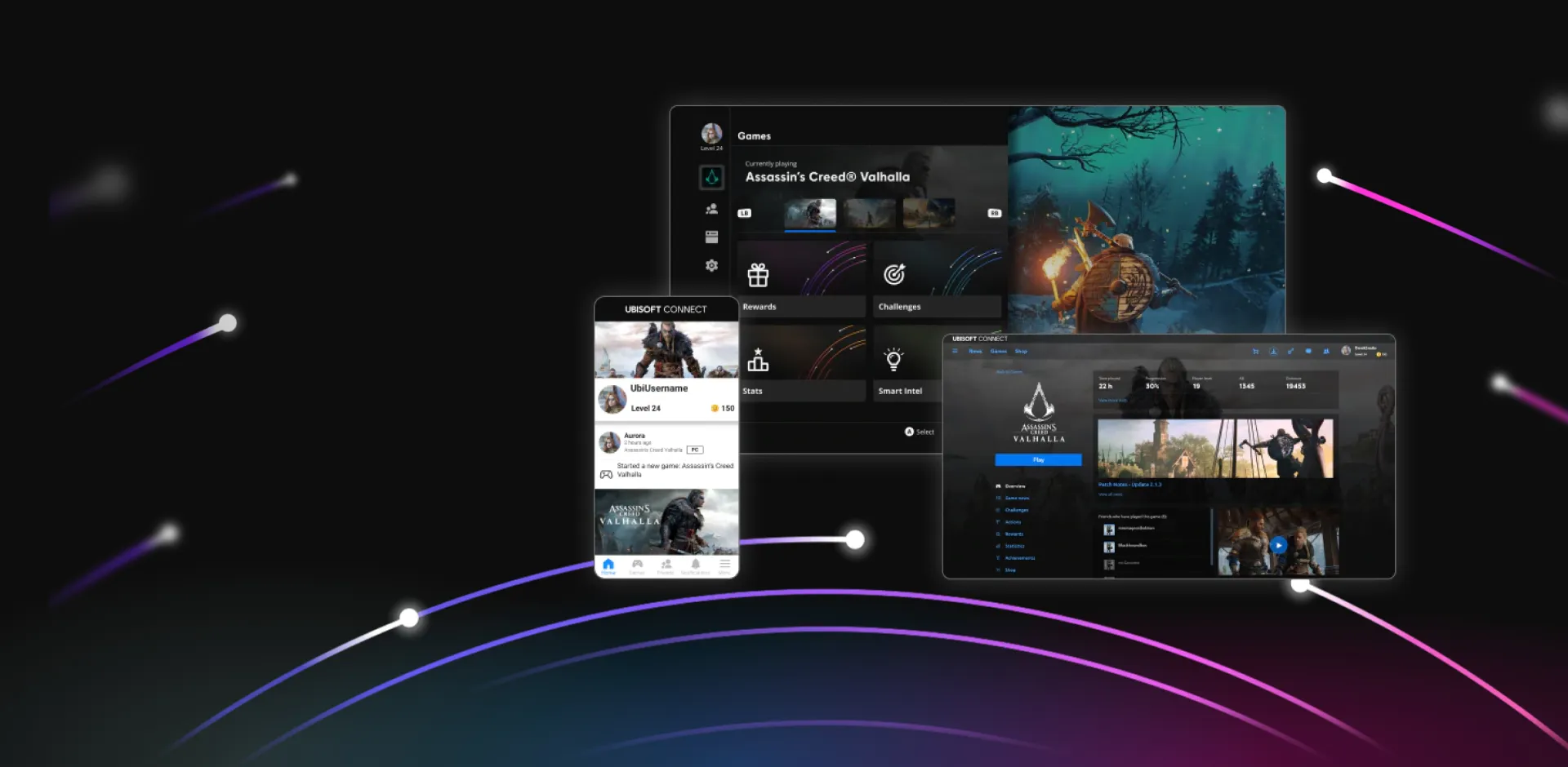 Three screenshots of the Ubisoft connect app: mobile, console, and web.