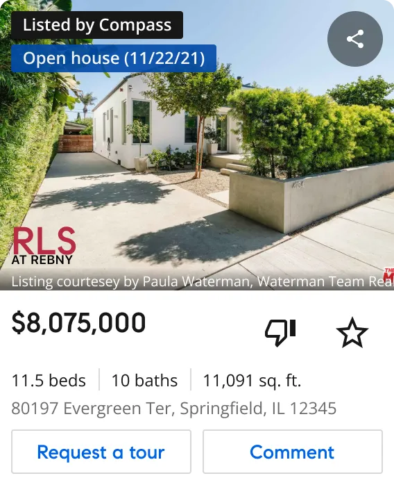 Real estate listing card for the web. It shows an image gallery of the listing, status badges, price, dislike and star buttons, stats, buttons for request a tour and comment.