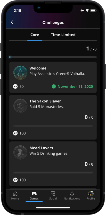 App screenshot of a list of Core Challenges for Assassin's Creed Valhalla.