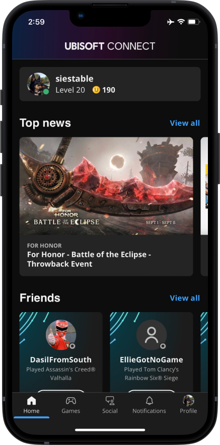 App screenshot of Ubisoft Connect, showing a level 20 user, a carousel of Top News, and a carousel of Friends.