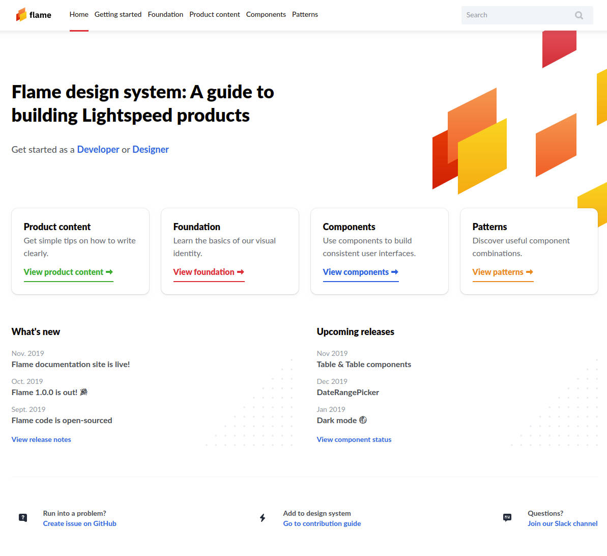 Landing page for the Lightspeed Flame Design System